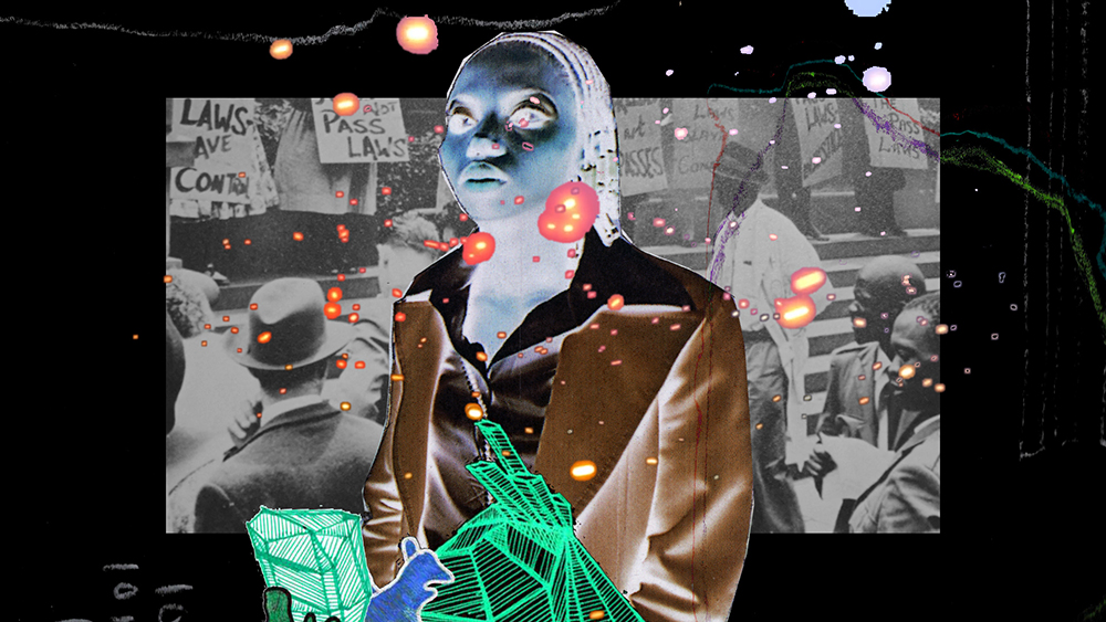 A video still of a digital collage presents a Black woman front and centre from the waist up wearing a business suit, appearing as an inverted photo negative. Behind is a rectangle screen of archival imagery of a protest, with Black men in suits and people holding signs that read Pass Laws, surrounded by a thick black border. The base of the image has blue and teal green drawings of geometric and line shapes, and across the whole image, textures of hand drawn marks and many colour circles of red and orange surround the central Black woman figure and archival photograph.